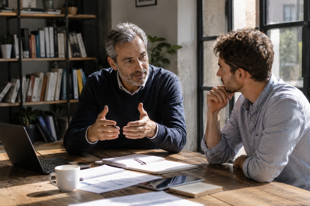 Cadre sénior échangeant et transmettant son expérience à un collaborateur