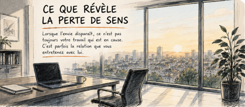 Illustration d'un bureau moderne avec vue sur la ville au coucher du soleil