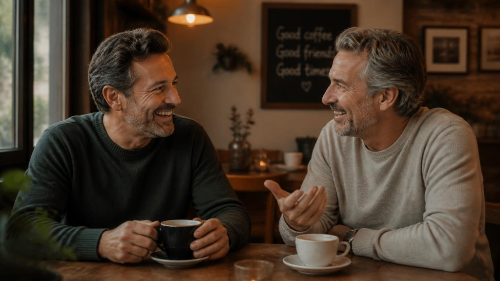 Deux professionnels échangeant chaleureusement autour d'un café