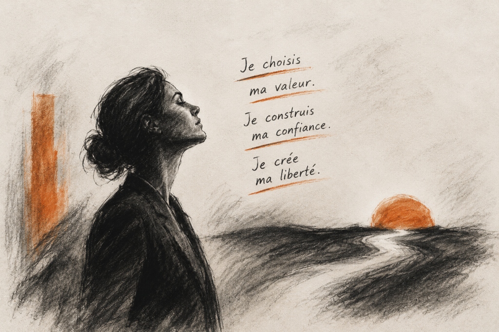 Une femme sereine profil face à l'horizon au soleil couchant