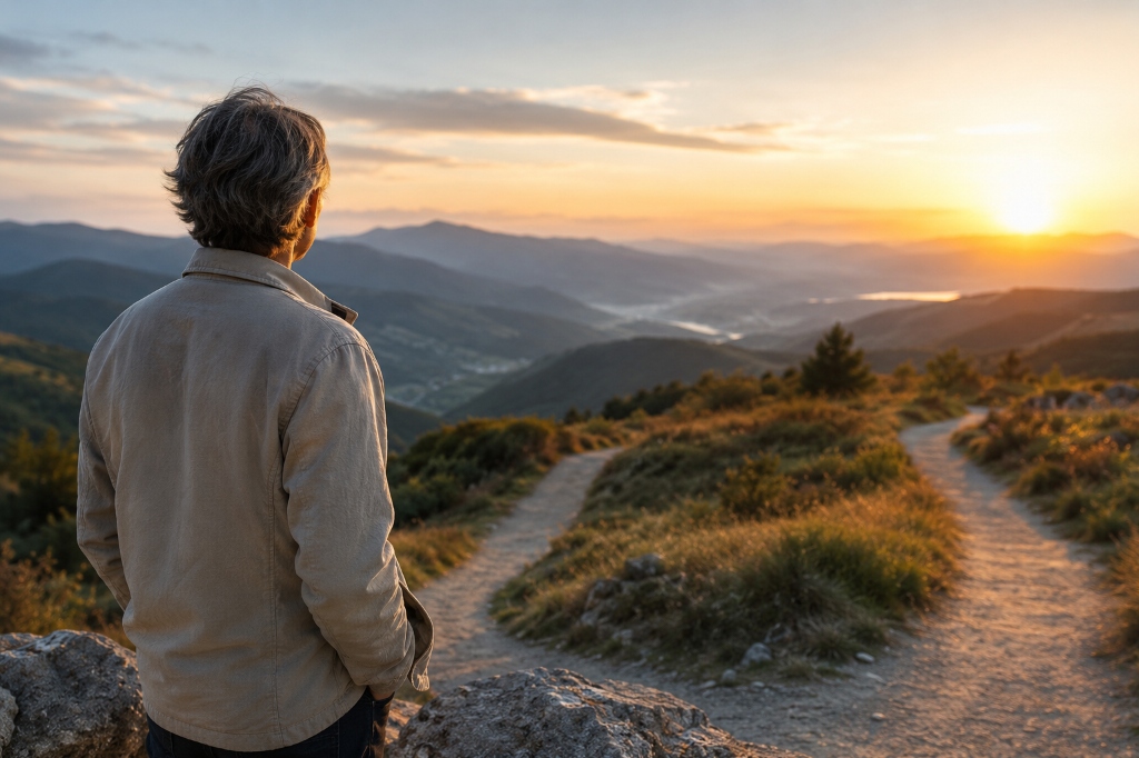 Une personne observant l'horizon, symbole d'un passage entre deux étapes de vie