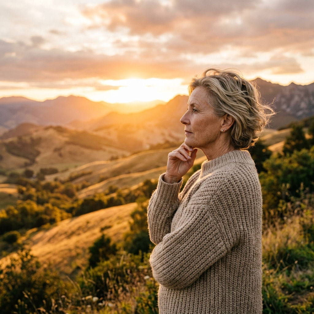 Femme contemplative au coucher du soleil dans les collines
